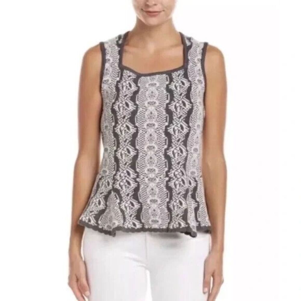 CAbi Peplum Sweater Tank Knit Shell Sleeveless Lace‎ Gray White Scalloped 887 M